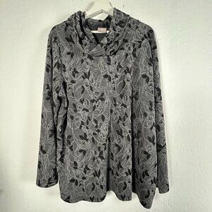 Chico's Womens Gray/Black Floral Print Cowl Neck Long Sleeve Top Size 3 Stretch